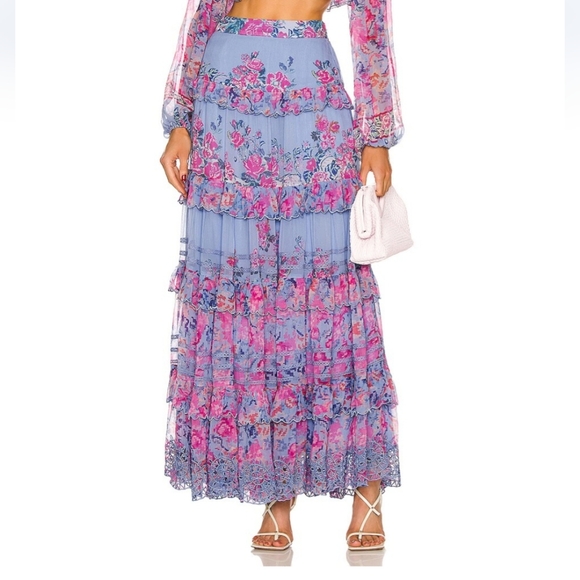 NWOT HEMANT AND NANDITA Mila Floral Blue Pink Tiered Maxi Skirt Small - Picture 1 of 7